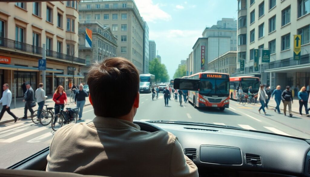 Управление авто на дорогах с большим количеством пешеходов - иллюстрация