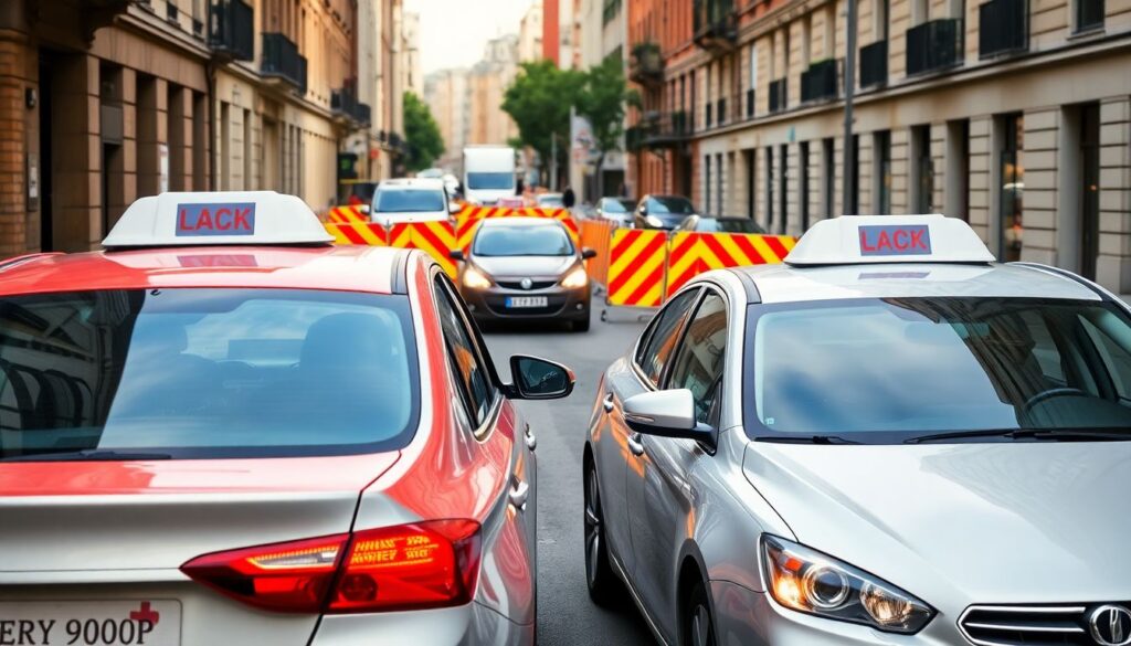 Безопасная езда на дороге в условиях ограниченной ширины полосы - иллюстрация